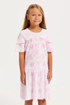 Girls Pink Gauze Printed Tiered Dress With Headband