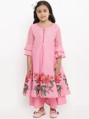 Girls Pink Printed Kurta With Palazzos