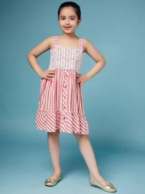 Girls Striped Lace-Up Detail Flounce A-Line Dress