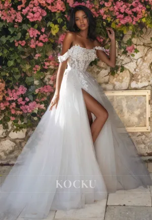 Glamorous & Dramatic Off-Shoulder Appliques A-Line Split Tulle Wedding Dress