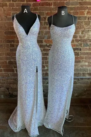 Gorgeous Mermaid White Sequined Long Prom Dresses Formal Dresses With Side Slit