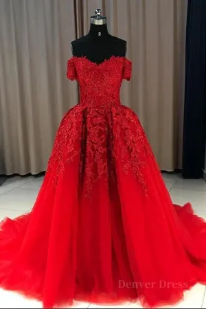 Gorgeous Off Shoulder Red Lace Long Prom Dresses Red Lace Formal Evening Dresses Red Ball Gown