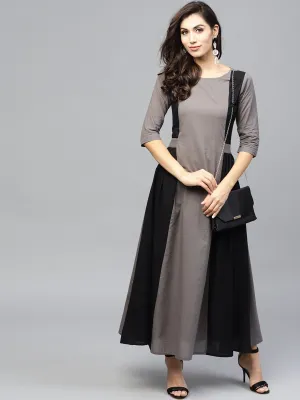 Grey And Color Blocking Dress With Round Neck And 3/4 Sleeves