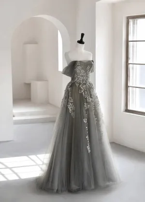 Grey Off Shoulder Tulle with Lace Applique Long Party Dress,Grey Prom Dress