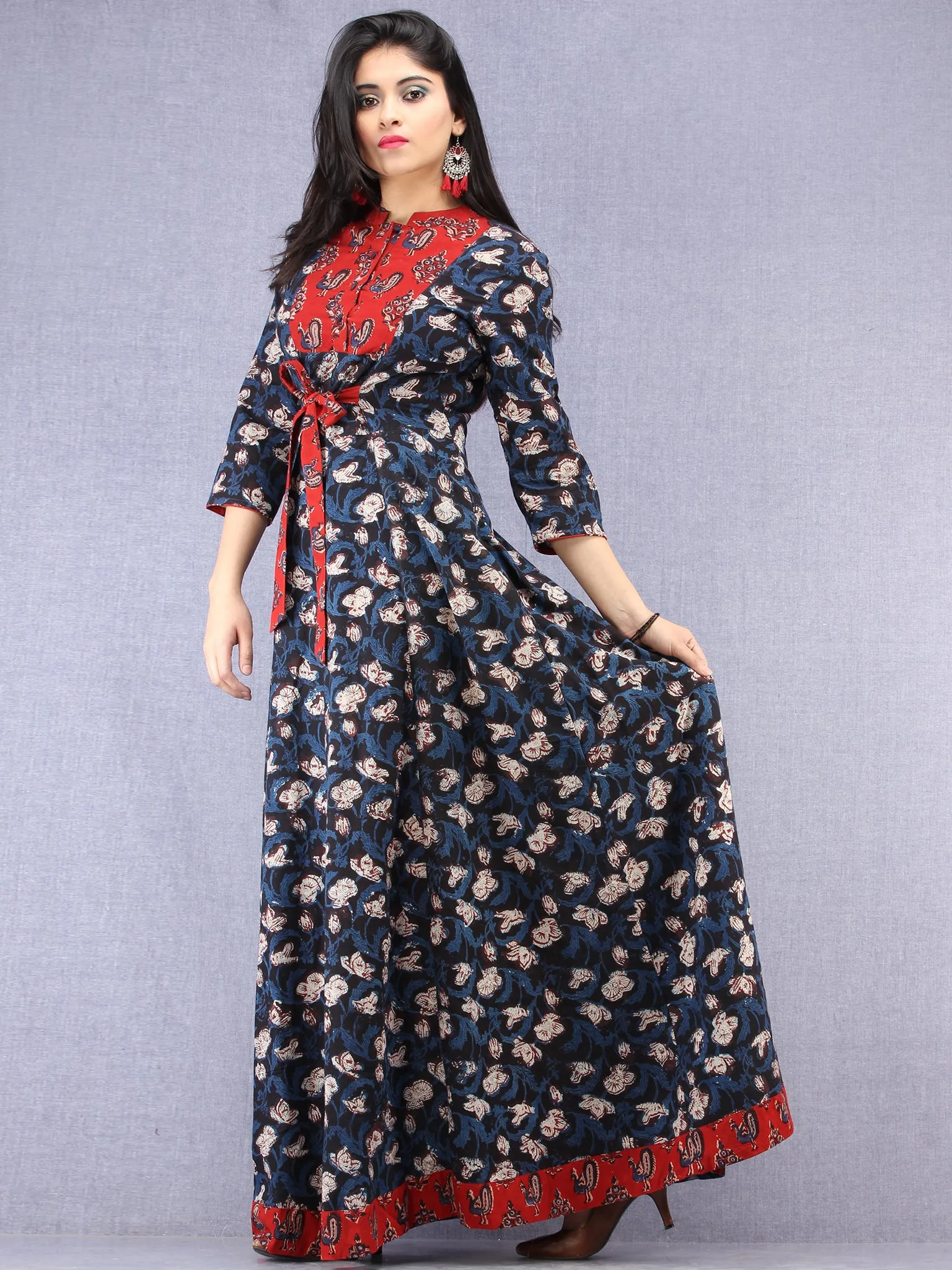 Haseen - Hand Block Printed Long Cotton Dress With Stand Collar  - D391F1843