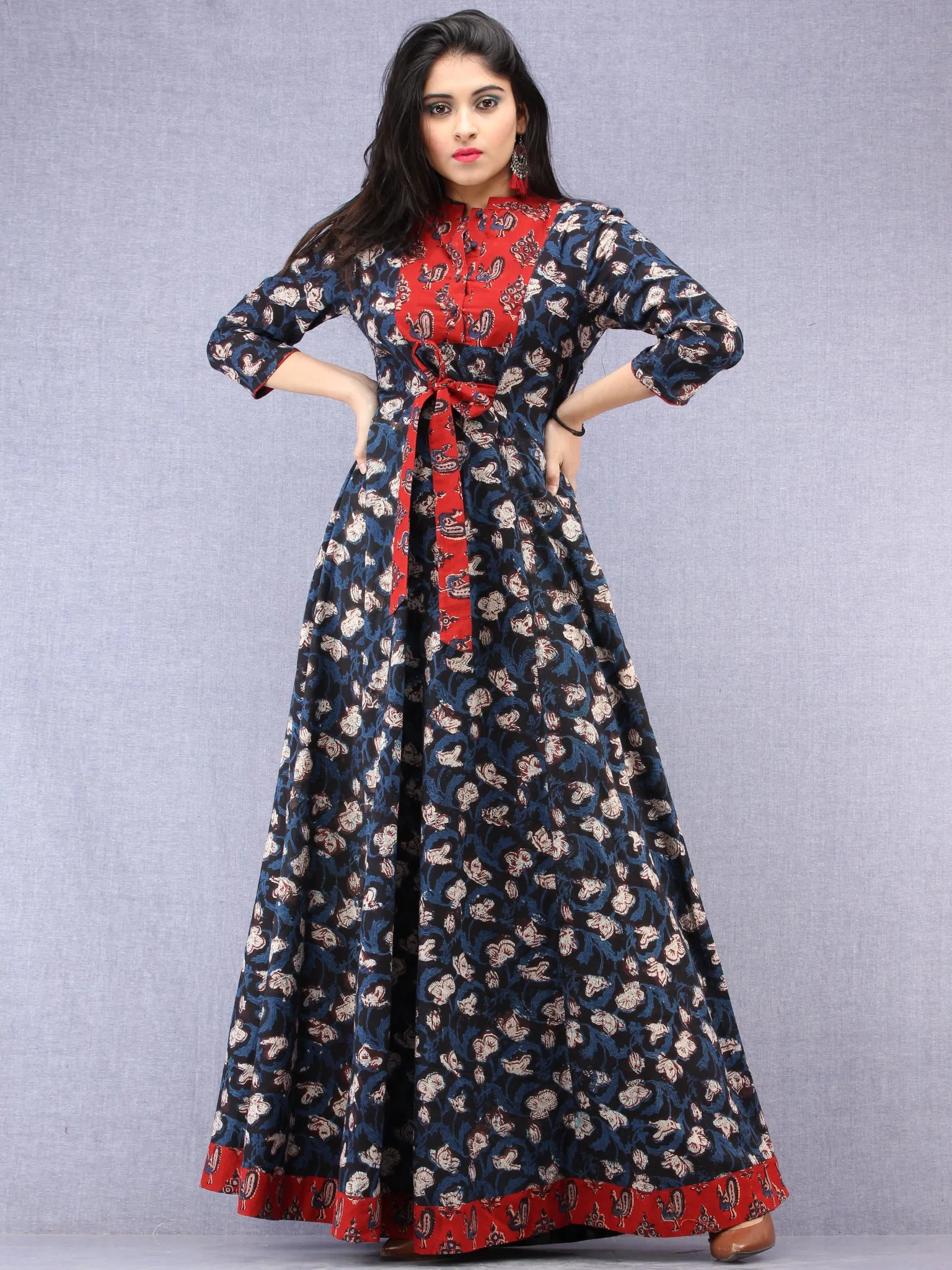 Haseen - Hand Block Printed Long Cotton Dress With Stand Collar  - D391F1843