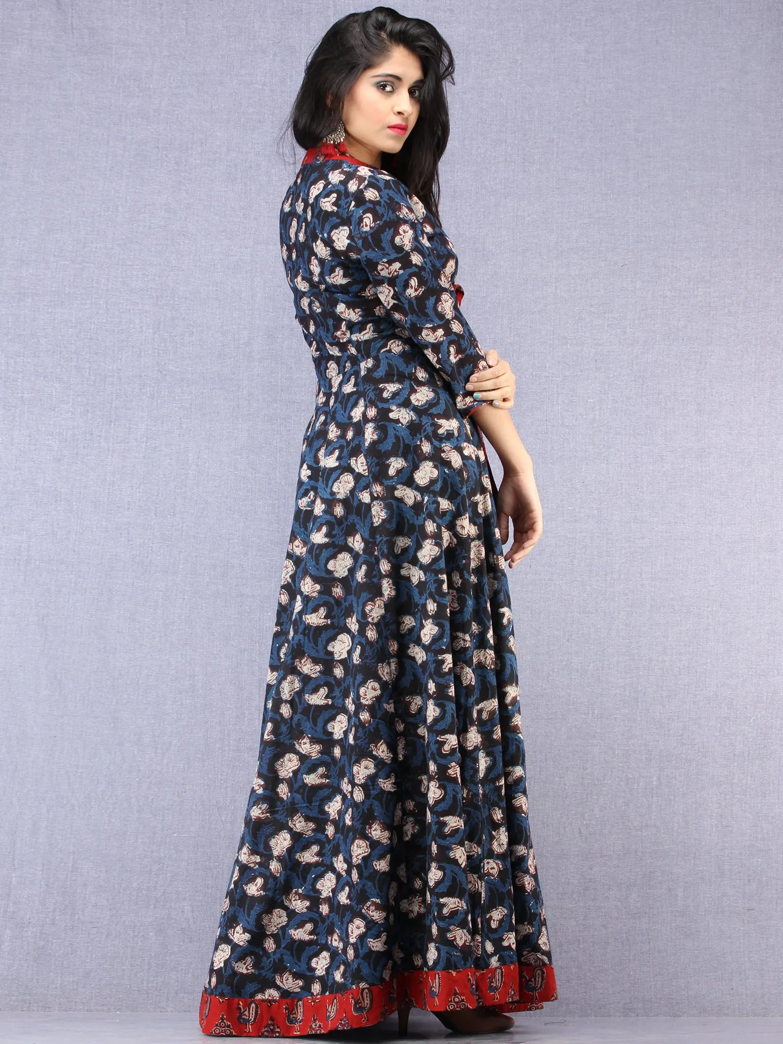 Haseen - Hand Block Printed Long Cotton Dress With Stand Collar  - D391F1843