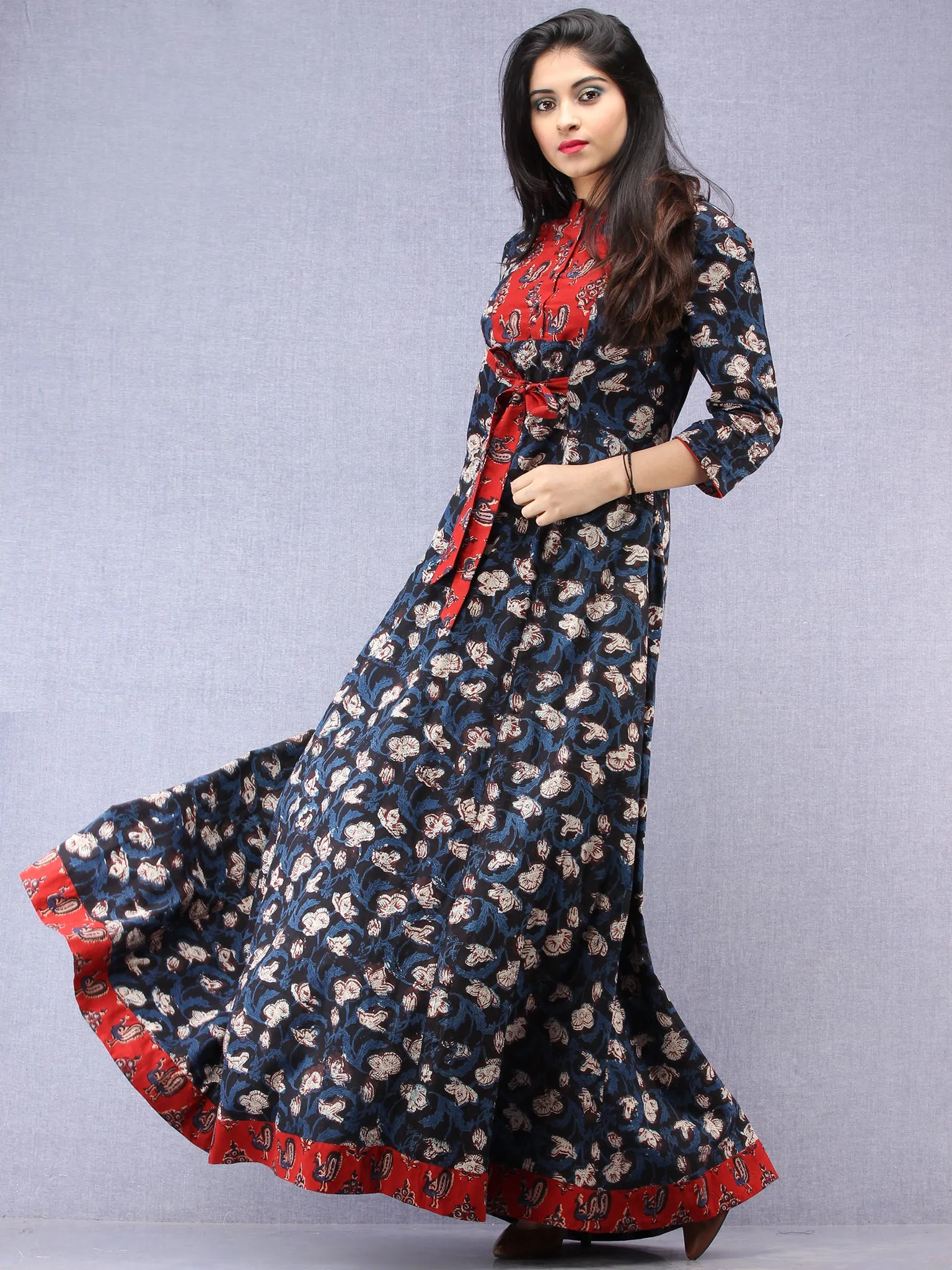 Haseen - Hand Block Printed Long Cotton Dress With Stand Collar  - D391F1843