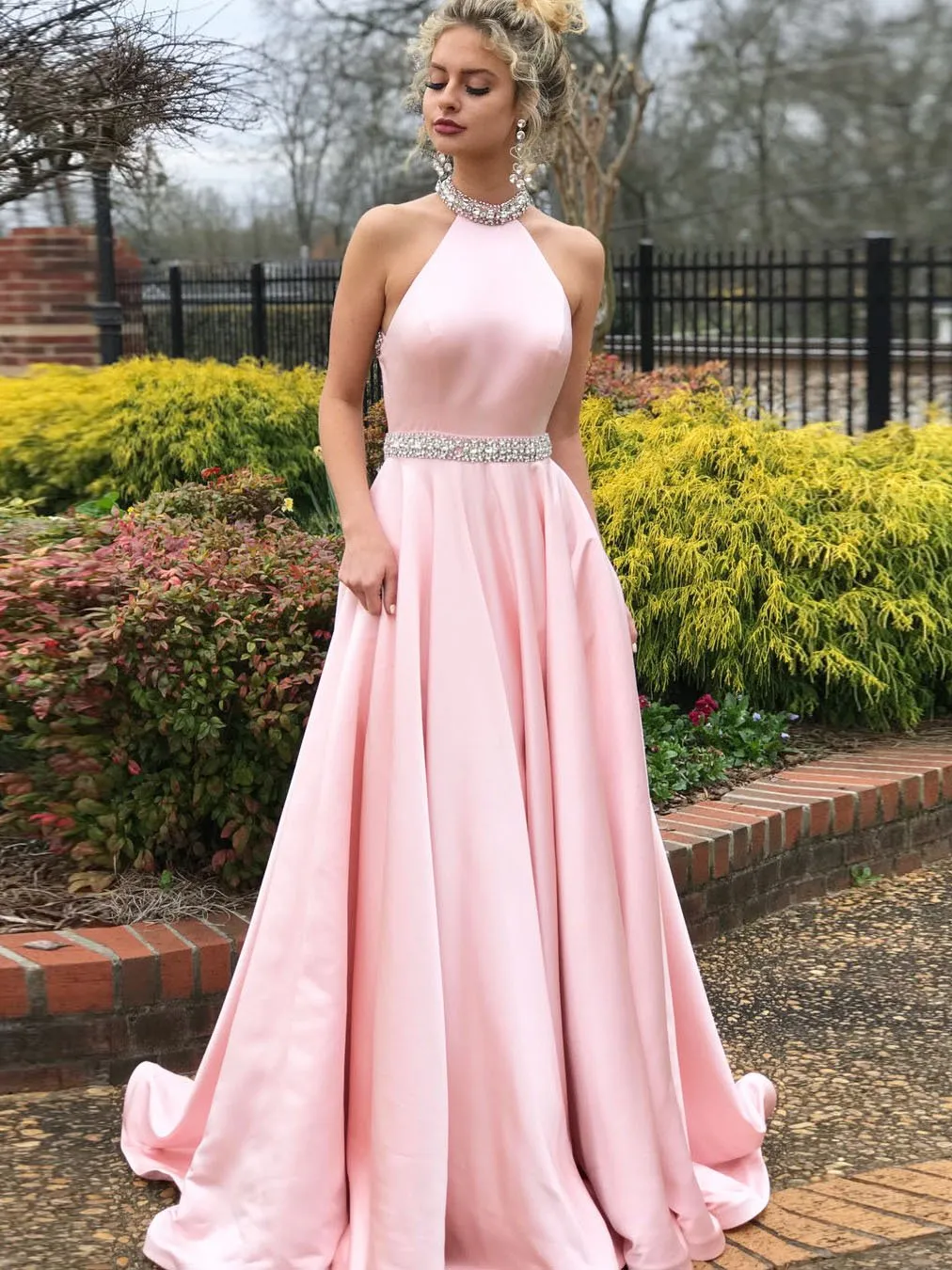 High Neck Pink Prom Dresses Cheap Beading Prom Dress/Evening Dress SED396