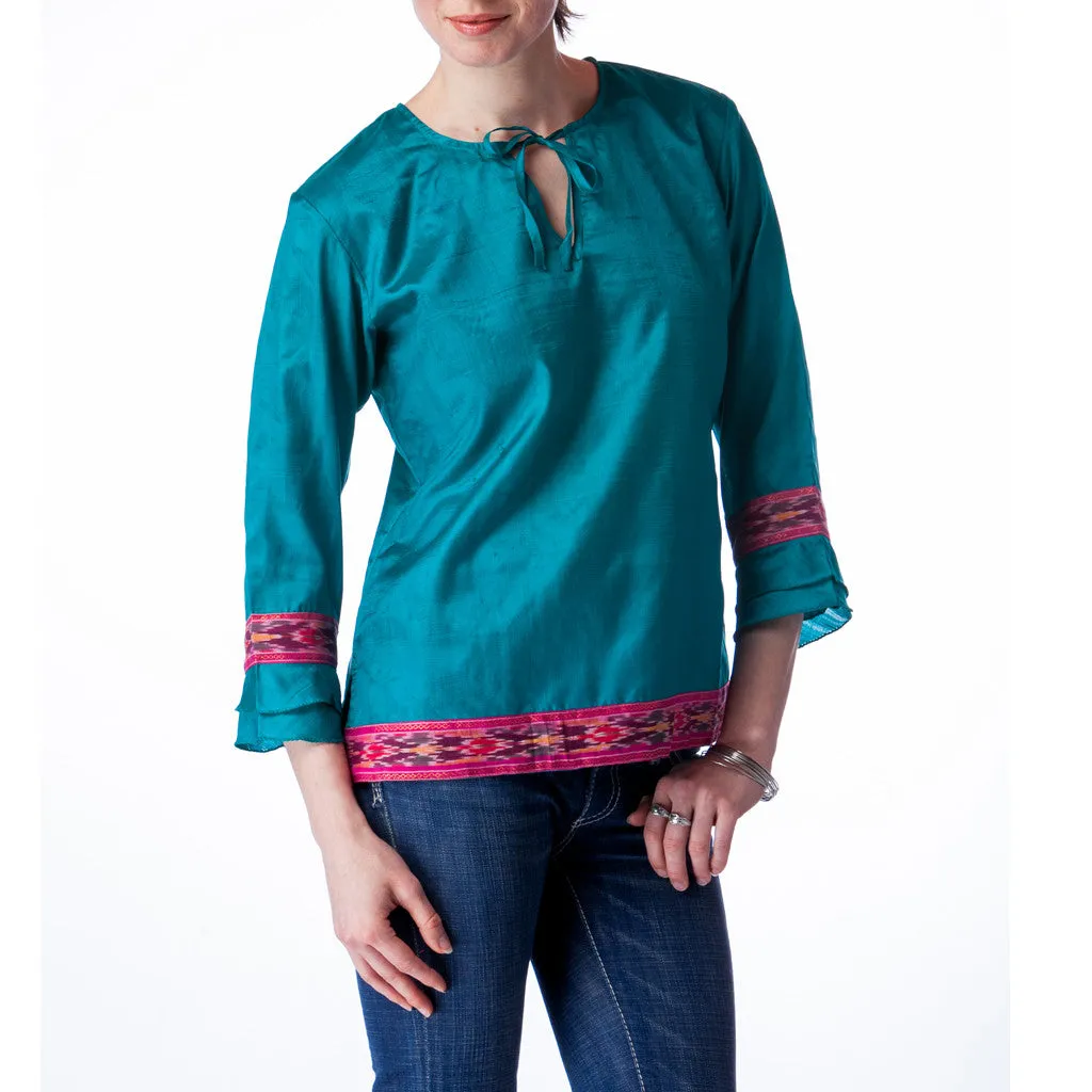 Jheel Blue and Pink Upcycled Silk Kurta Top