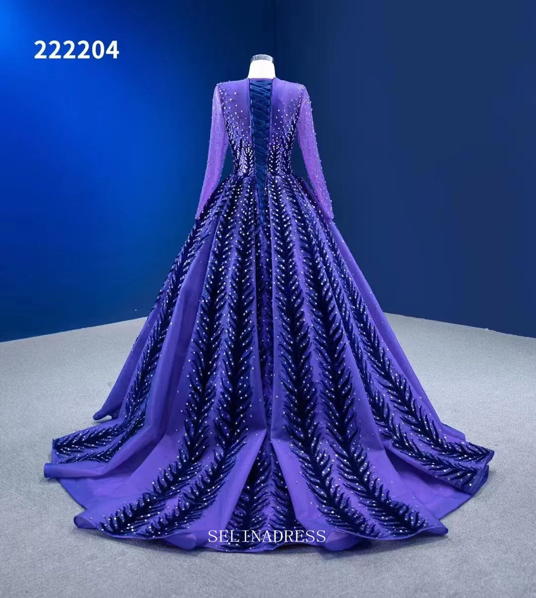 Long Sleeve Beaded Prom Dress Ball Gown Blue Pageant Dress RSM222204