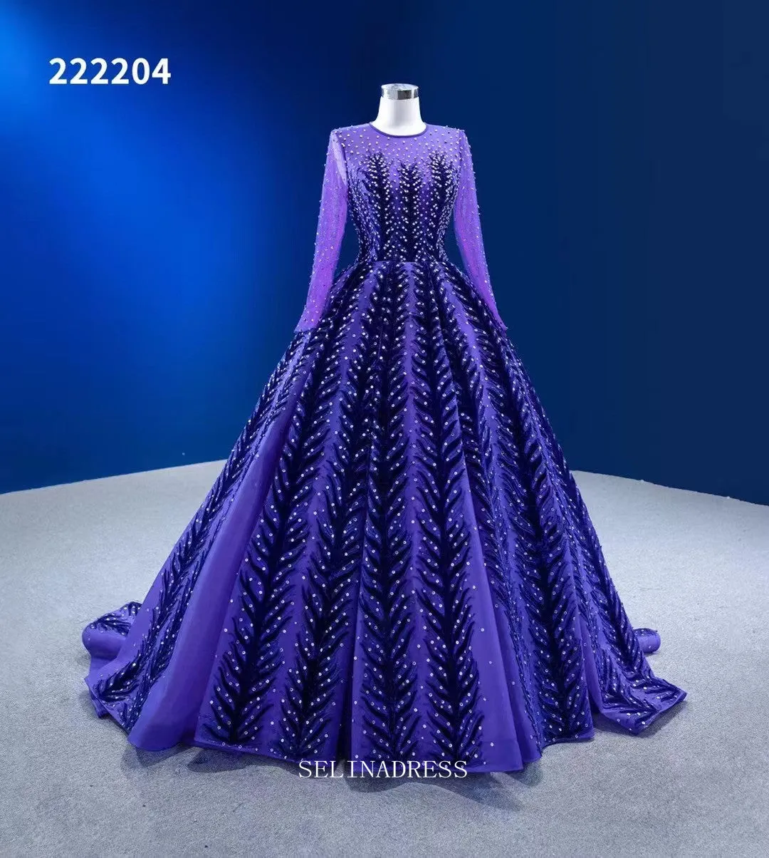 Long Sleeve Beaded Prom Dress Ball Gown Blue Pageant Dress RSM222204