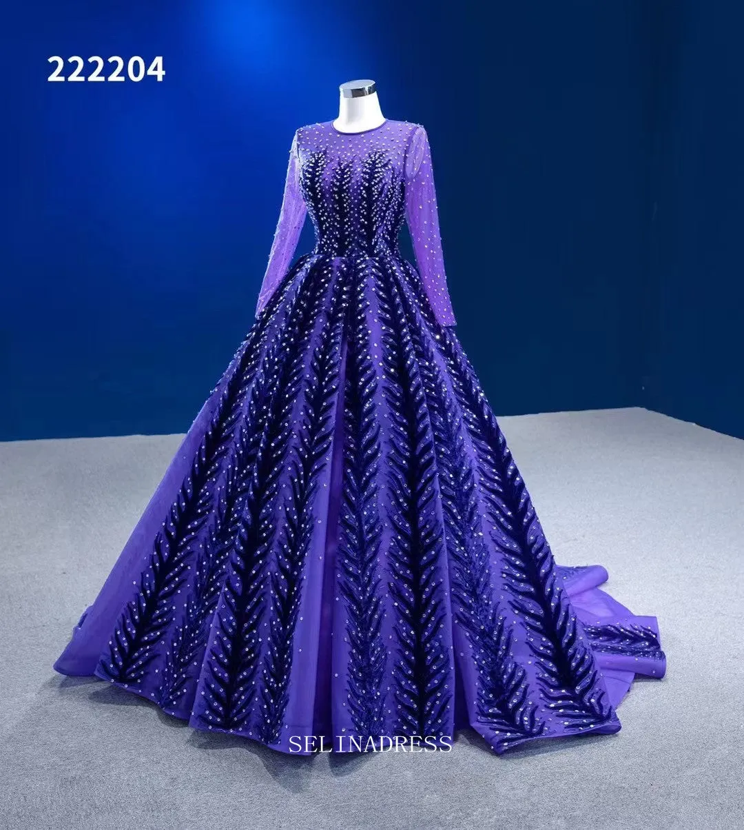 Long Sleeve Beaded Prom Dress Ball Gown Blue Pageant Dress RSM222204