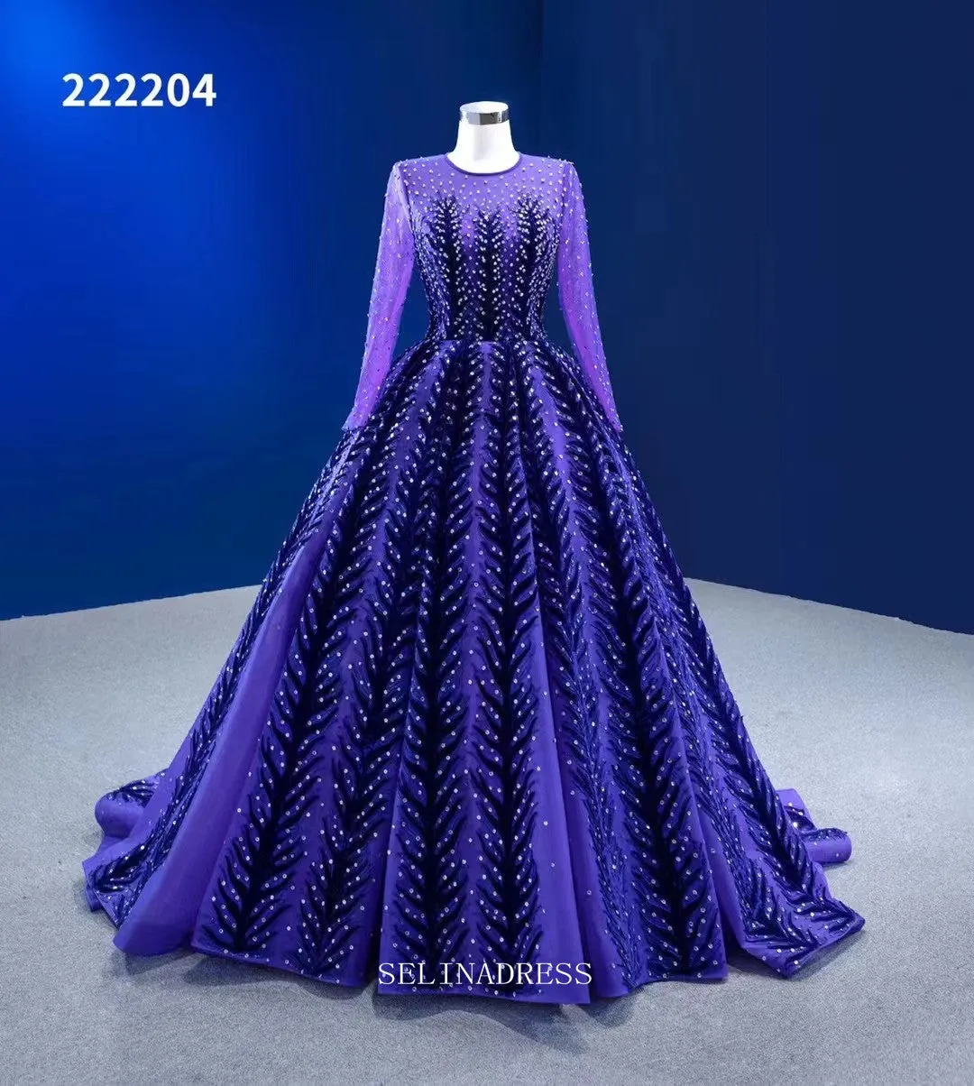 Long Sleeve Beaded Prom Dress Ball Gown Blue Pageant Dress RSM222204