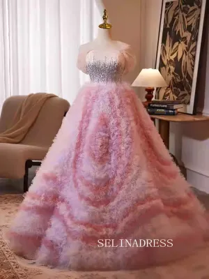 Lovely Pink Off-the-shoulder Ball Gown Princess Dress Elegant Beaded Formal Dress JKL2587