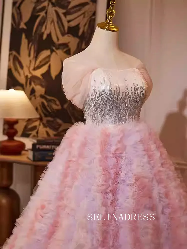 Lovely Pink Off-the-shoulder Ball Gown Princess Dress Elegant Beaded Formal Dress JKL2587