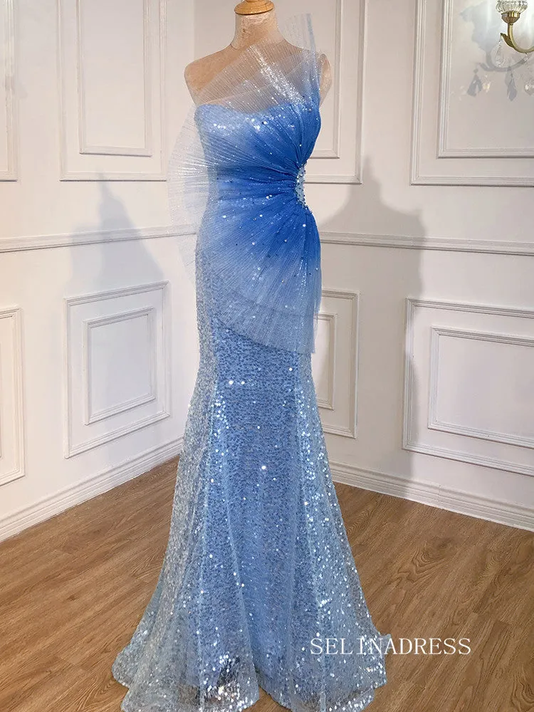 luxury Mermaid Blue Prom Dress Sequins Long Evening Formal Gowns hlkS002