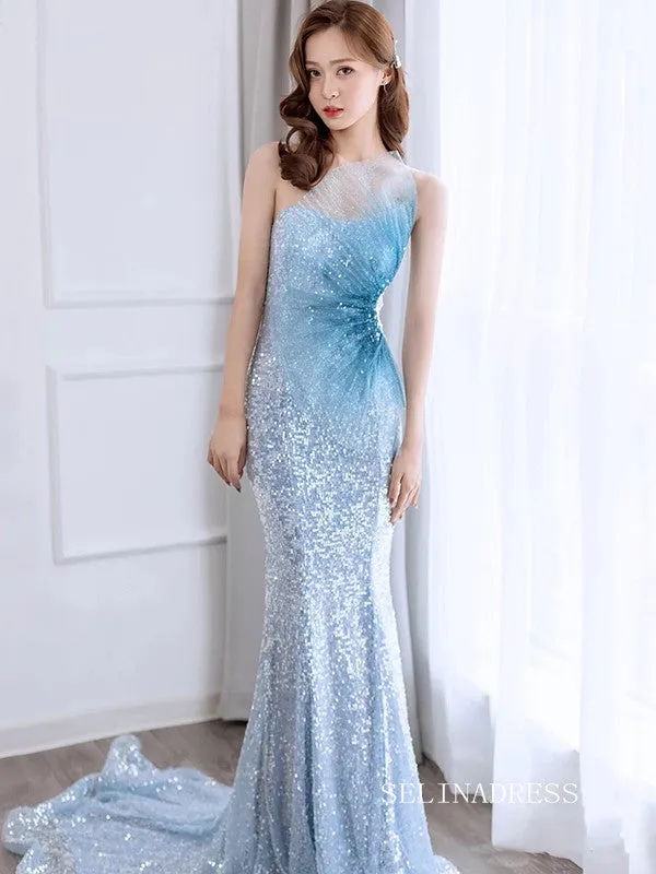 luxury Mermaid Blue Prom Dress Sequins Long Evening Formal Gowns hlkS002