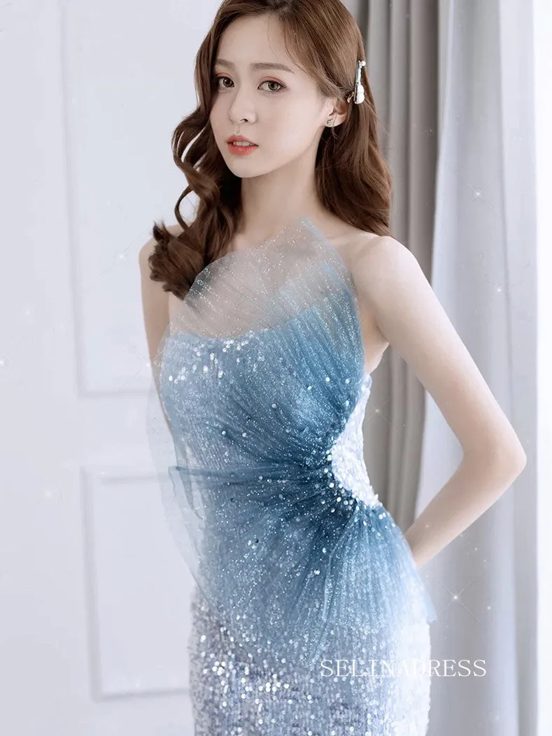 luxury Mermaid Blue Prom Dress Sequins Long Evening Formal Gowns hlkS002