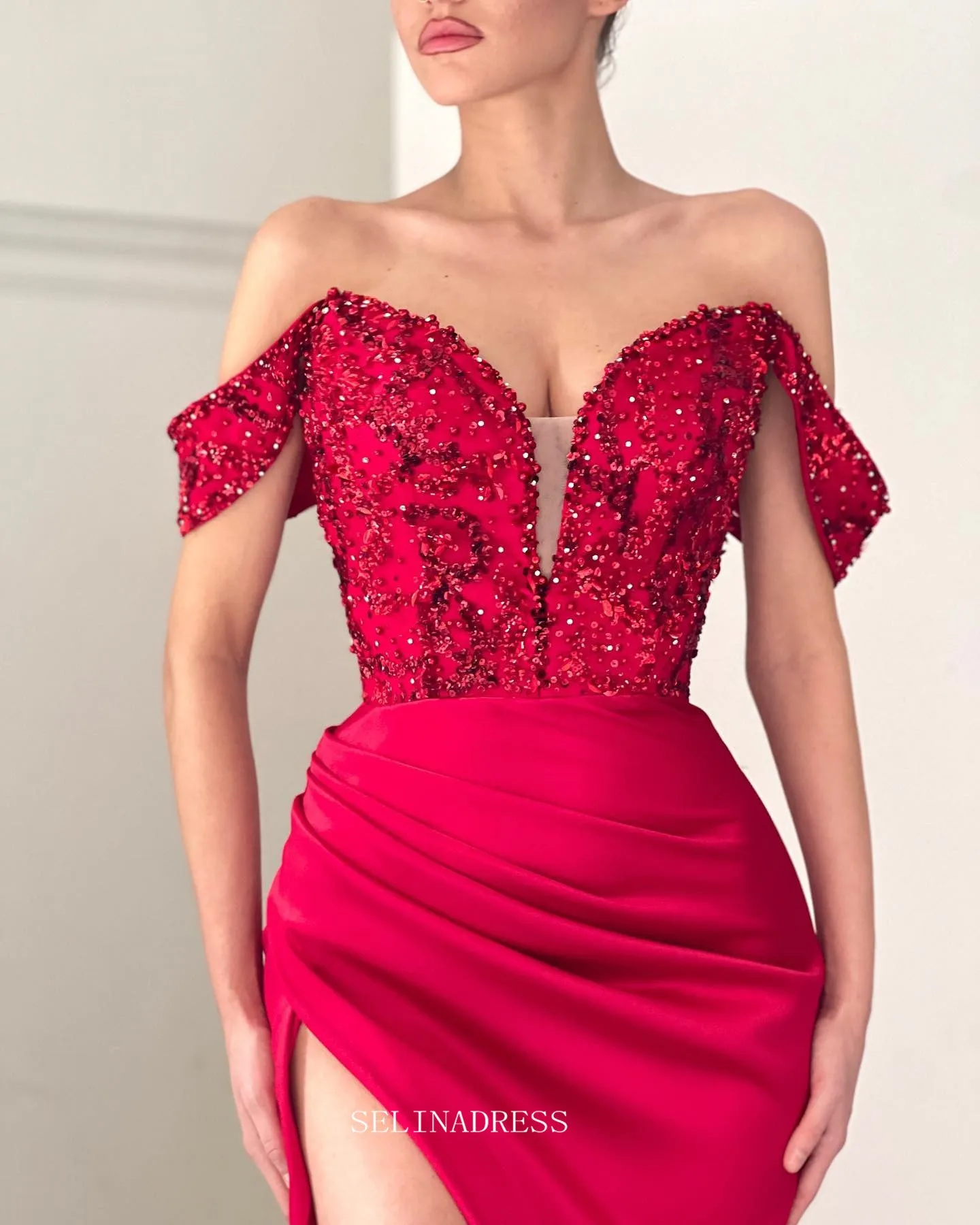 Mermaid Off the Shoulder African Prom Dress Red Sequins Long Evening Formal Dress #POL123