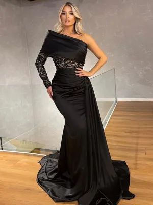 Mermaid One Shoulder Black Prom Dress African Beaded Long Evening Gowns Formal Dress #POL045