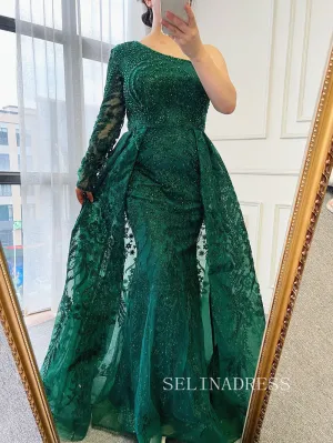 Mermaid One Shoulder Green Long Prom Dress Beaded Evening Formal Gown hlks012