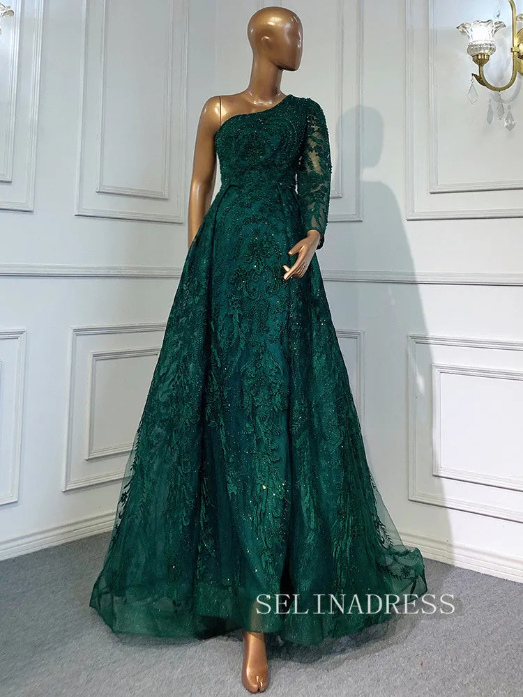 Mermaid One Shoulder Green Long Prom Dress Beaded Evening Formal Gown hlks012