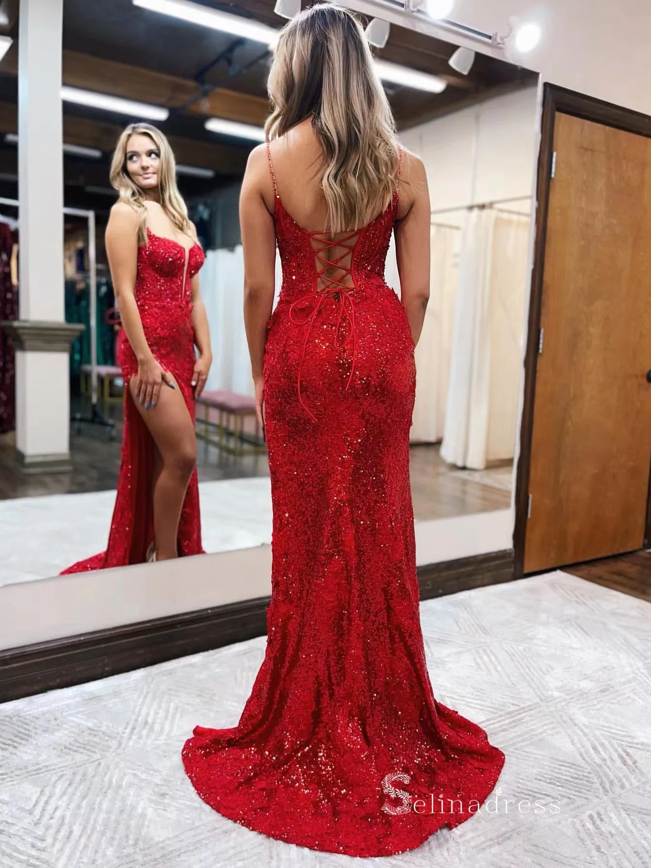 Mermaid Spaghetti Straps Red Long Prom Dresses Thigh Split Beaded Evening Dresses MLK044