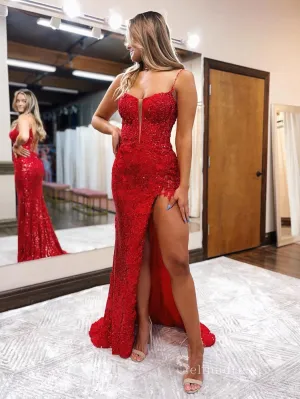 Mermaid Spaghetti Straps Red Long Prom Dresses Thigh Split Beaded Evening Dresses MLK044