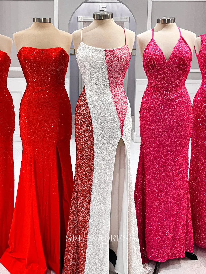 Mermaid Spaghetti Straps Sequins Long Prom Dress Modest Party Dress Evening Dress #LOP010