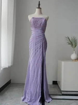 Mermaid Strapless Lilac Luxury Long Prom Dress Beaded Evening Gowns GKF002