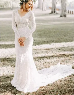 Mermaid V neck Long Sleeve Wedding Dresses Rustic Lace Wedding Gowns SEW037