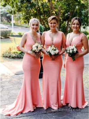 Mermaid V neck Watermelon Bridesmaid Dress Cheap Long Bridesmaid Dress BRD006