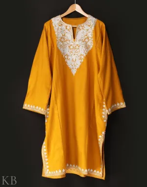 Mustard Orange Zari Embroidered Cashmilon Phiran