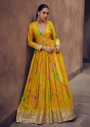 Mustard Yellow Digital Printed Designer Anarkali Gown