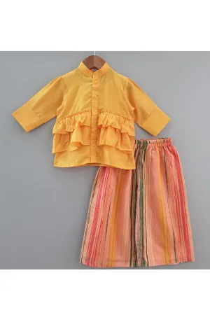 Mustard Yellow Ruffle Shirt With Multicolor Printed Palazzo Set