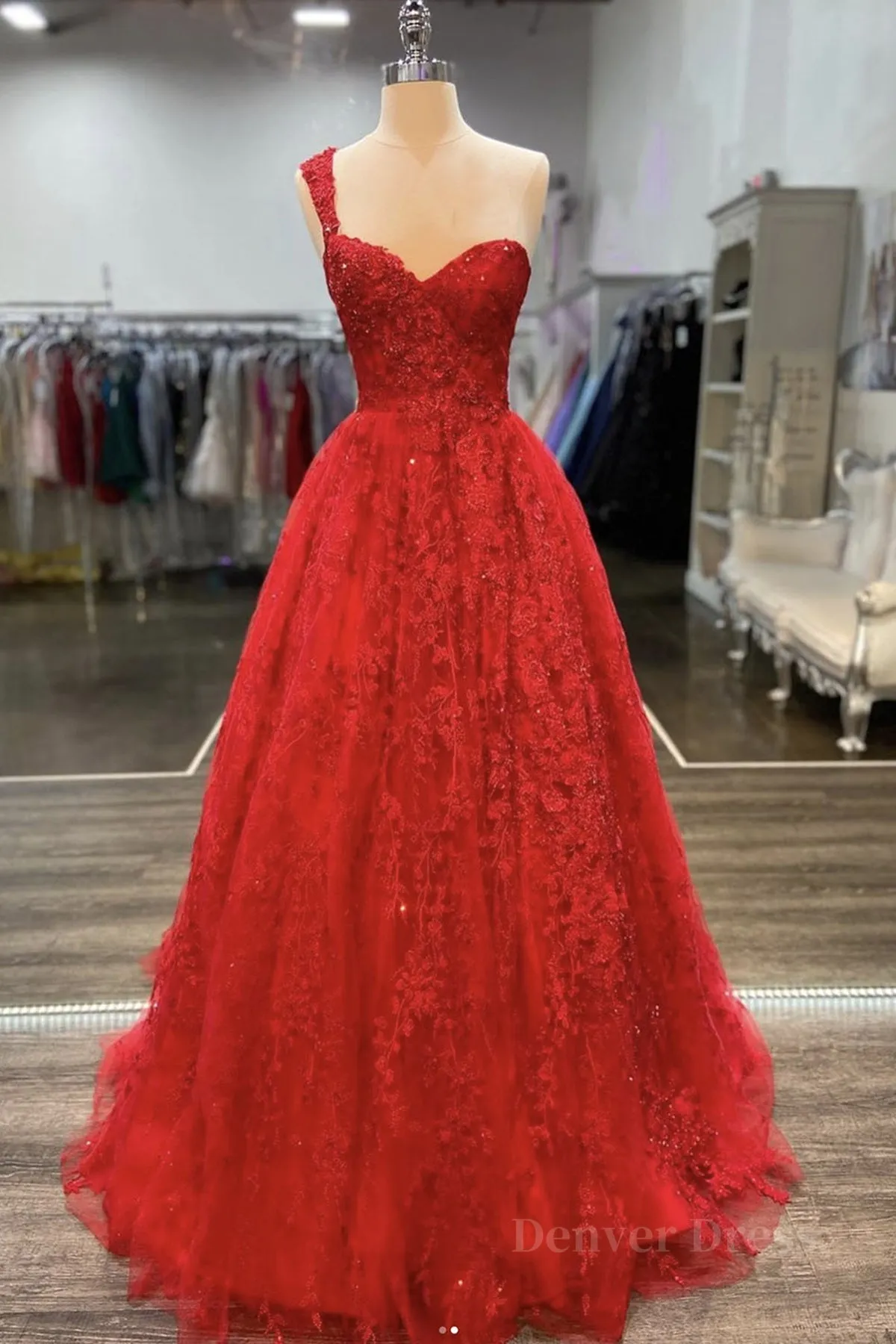 One Shoulder Open Back Red Lace Long Prom Dresses Sweetheart Neck Red Lace Formal Dresses Red Evening Dresses