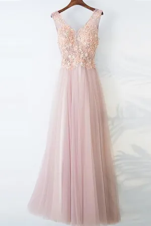 Pink Long A Line Simple Lace Up Prom Dresses