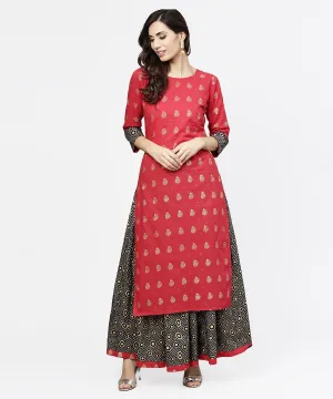 Pink Printed 3/4Th Sleeve Cotton Kurta With Black Printed Skirt