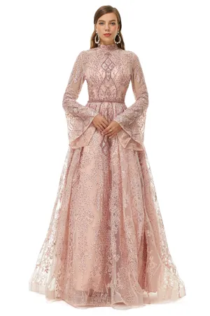 Pink Tulle Appliques High Neck Long Sleeve Beading Prom Dresses