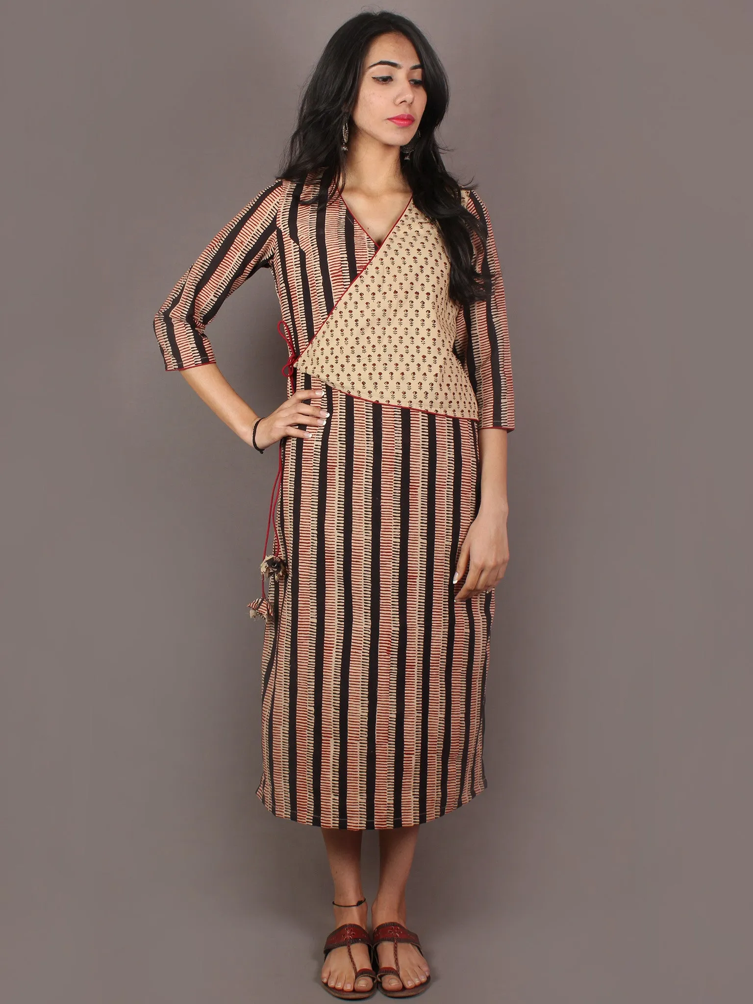 Red Black Beige Hand Block Printed Angrakha Cotton Dress - D1731501