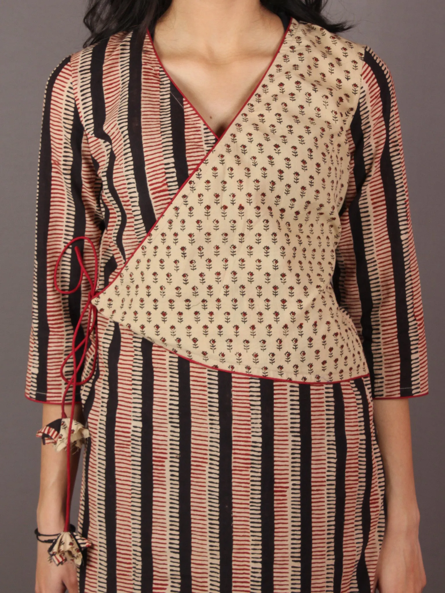 Red Black Beige Hand Block Printed Angrakha Cotton Dress - D1731501