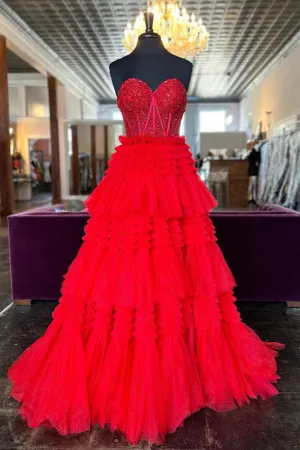 Red Sweetheart Sequins Top Multi-Layers Long Prom Dress Tiered Formal Dresses