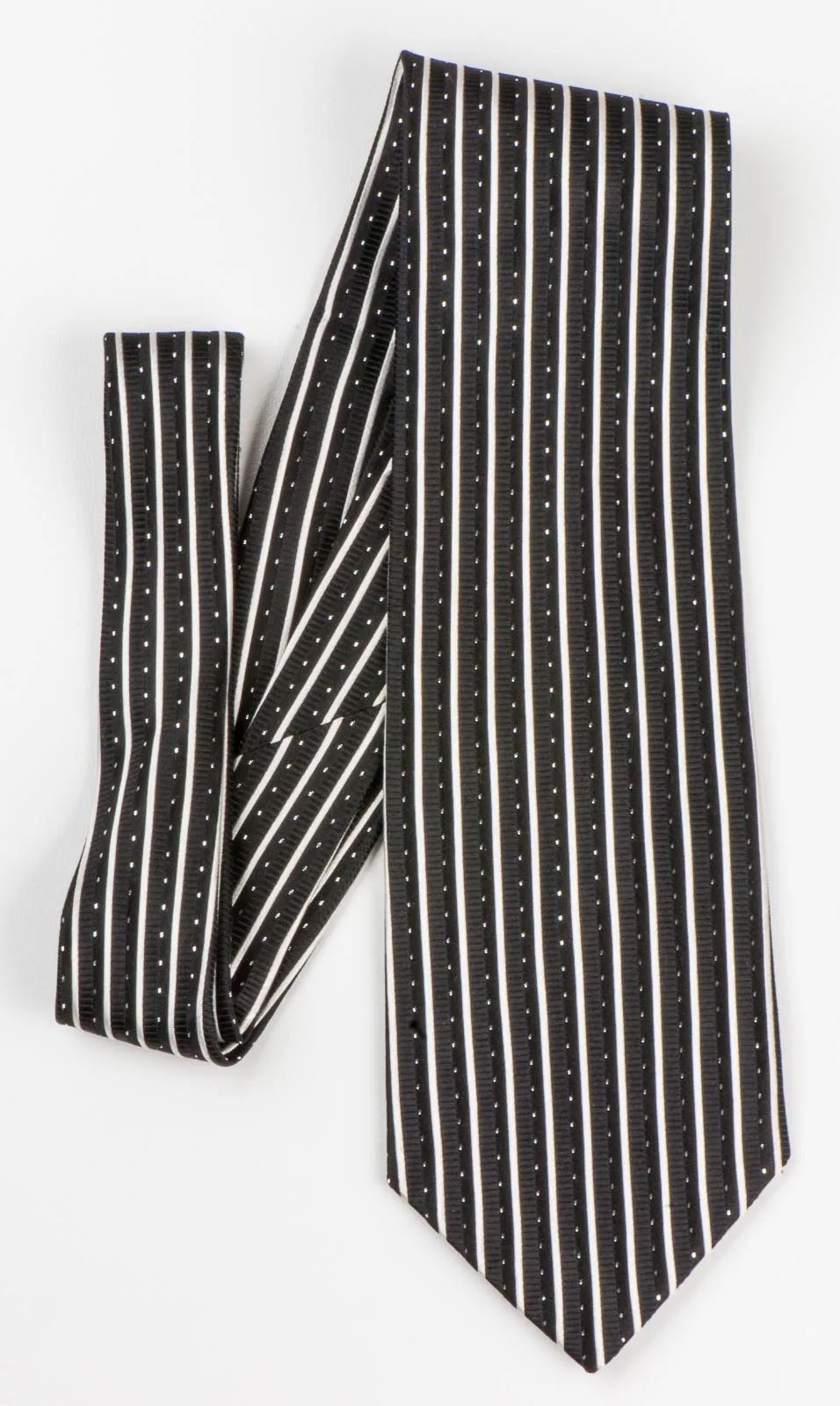 Remizio Men's Silk Neck Tie Black & White Vertical Stripes With Silver Sparkles