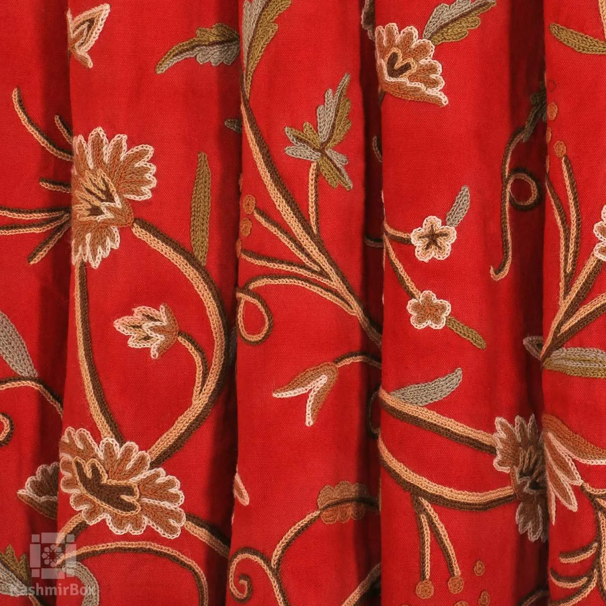 Scarlet Flowered Crewel Embroidered Curtain