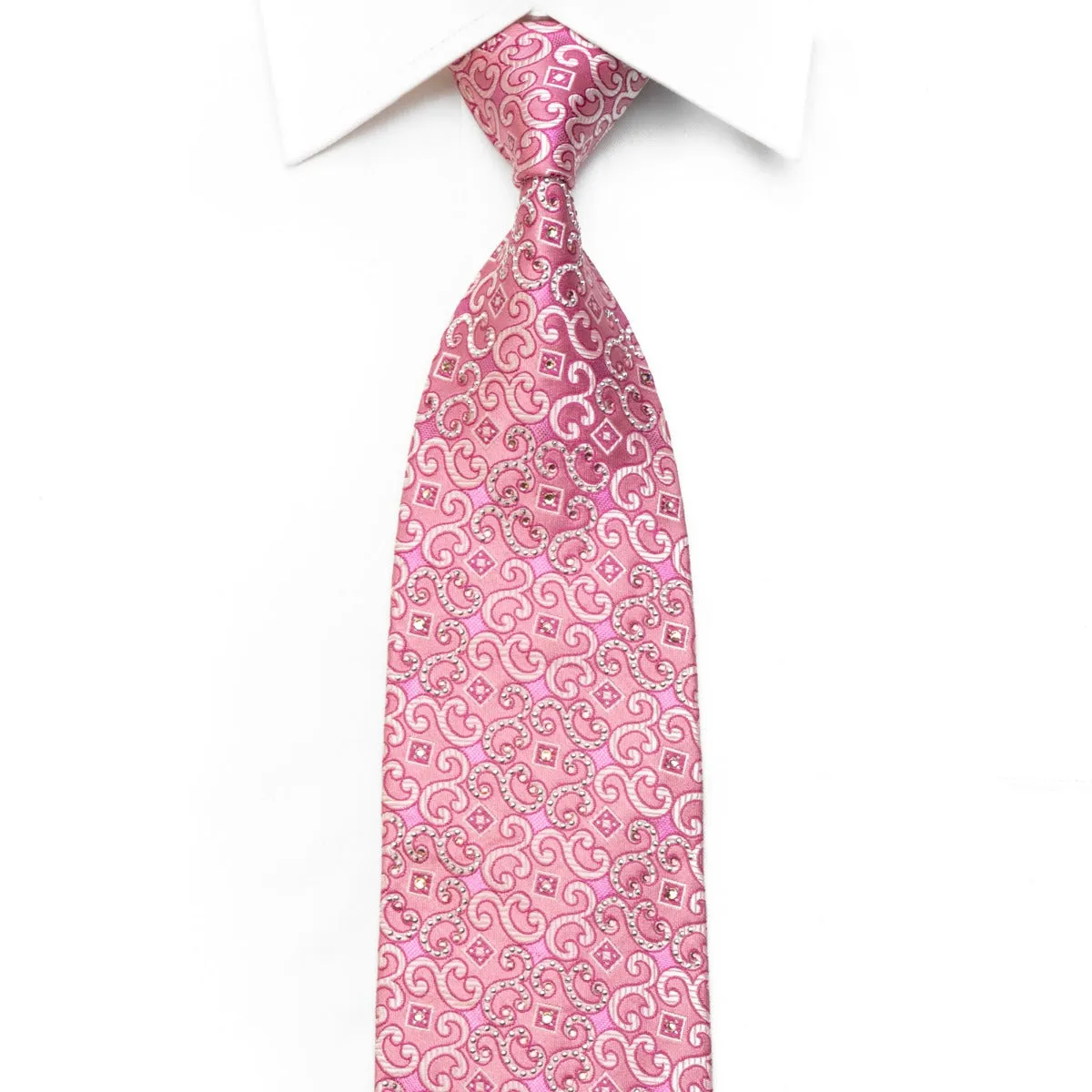Scrolls On Pink Rhinestone Silk Necktie With Purple Sparkles