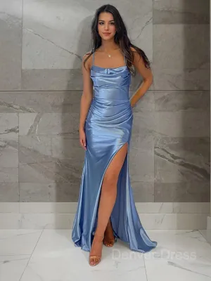 Sheath Spaghetti Straps Sweep Train Silk like Satin Prom Dresses With Leg Slit