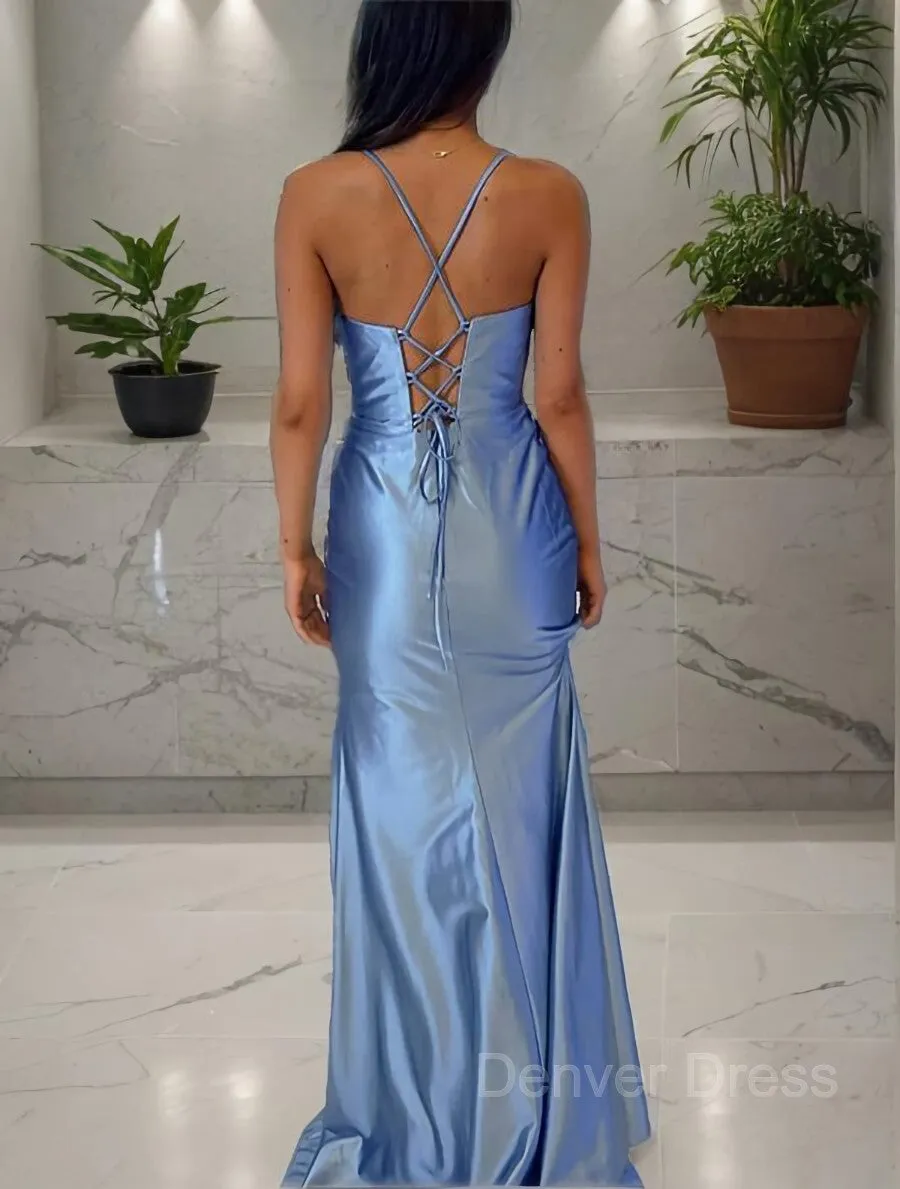 Sheath Spaghetti Straps Sweep Train Silk like Satin Prom Dresses With Leg Slit