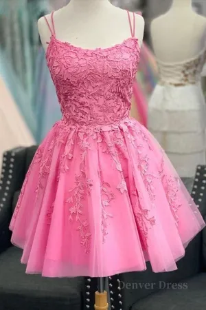 Short Pink Backless Lace Prom Dresses Short Pink Open Back Formal Homecoming Dresses