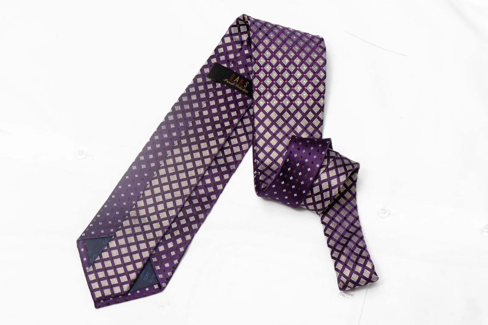 Silver Brown Geometric On Purple Rhinestone Tie With Sparkles